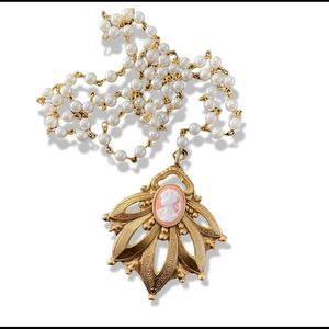 Handmade Beaded Necklace Cameo Necklace Faux Pearl Chain